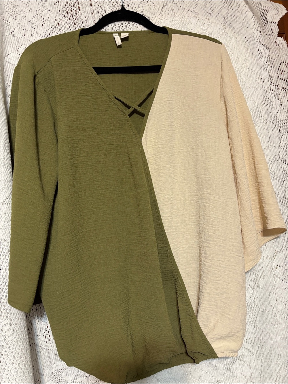 Cato Olive Green and Cream Two-Tone V-Neck Blouse